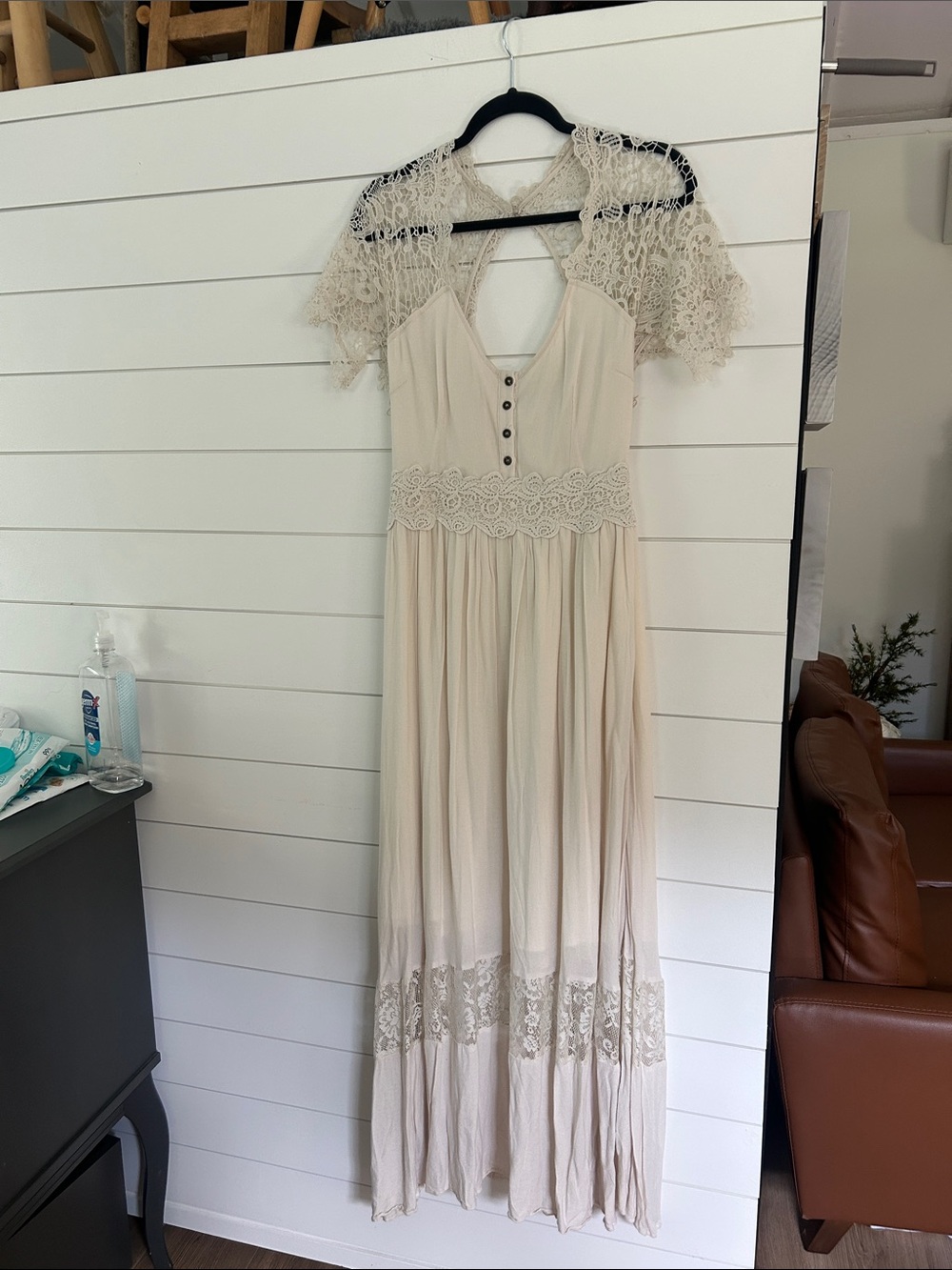Joyfolie Cream Lace-Trim Maxi Dress with Cap Sleeves